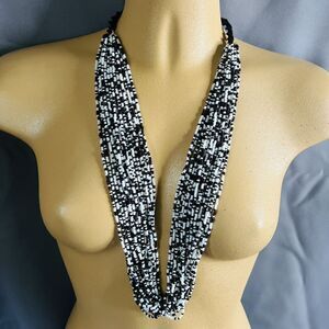 Vintage Necklace Seed Beads  White Black Multi Strand Crochet Beautiful 4506